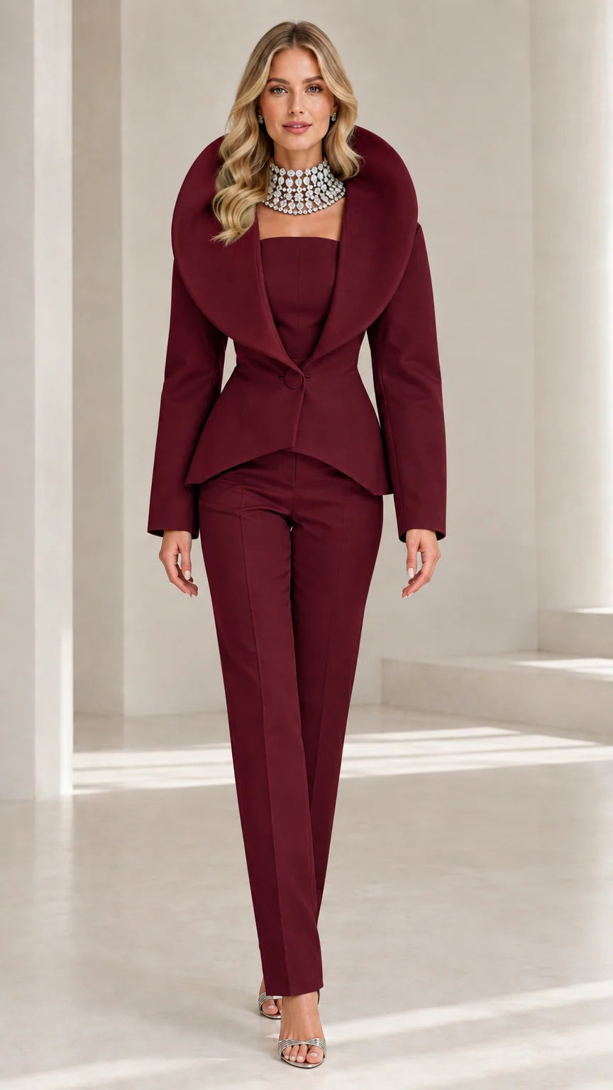 Front view of model wearing deep Burgundy sculpted collar formal pant suit
