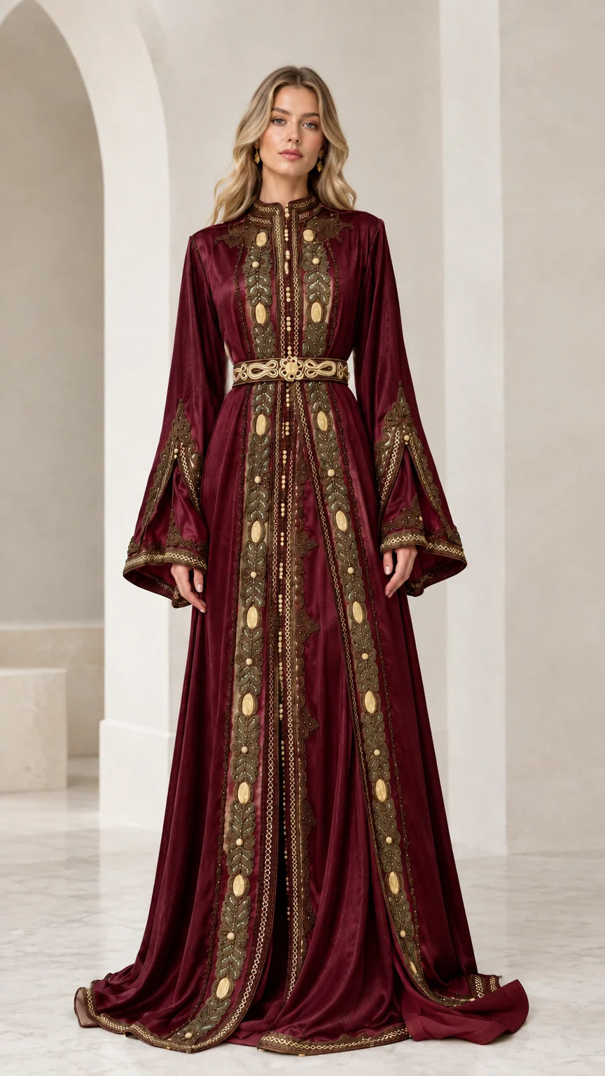 Full front view of Burgundy wine red embroidered metallic satin kaftan dress