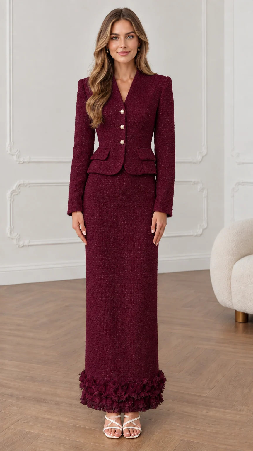 Front view of burgundy wine red tweed two-piece blazer and maxi skirt set