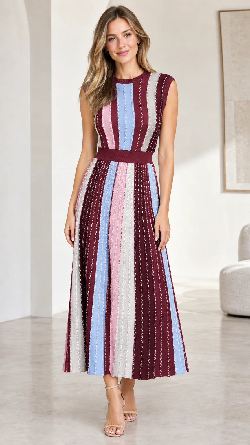 Model wearing burgundy multi striped sleeveless knit midi dress