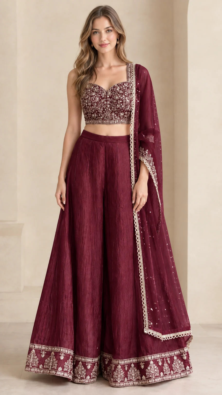 Burgundy wine embroidered crop top and matching wide leg palazzo set