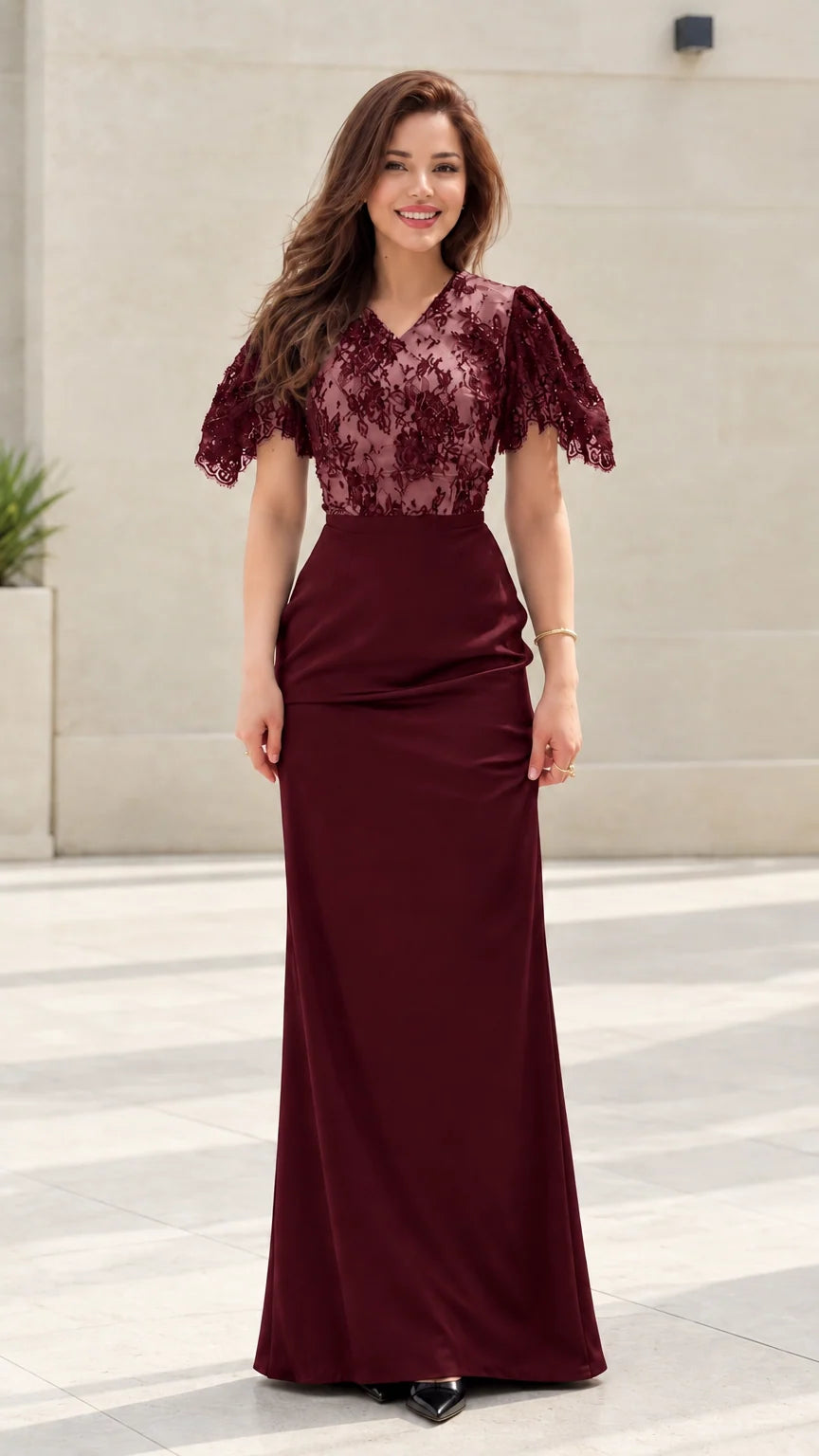Model wearing burgundy wine floral lace maxi formal dress