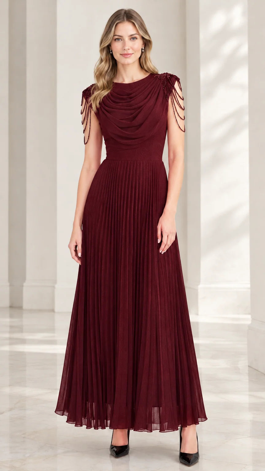 Model wearing burgundy wine red pleated cowl neck evening dress
