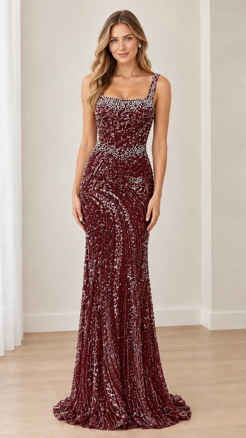 Front view of model wearing Burgundy wine sequin embellished evening gown