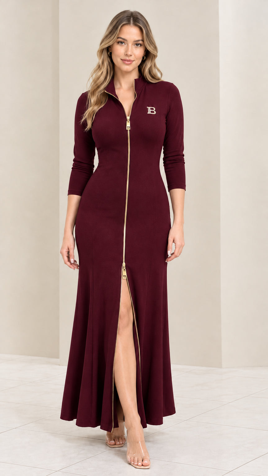 Front view of model wearing burgundy wine red zip front maxi dress
