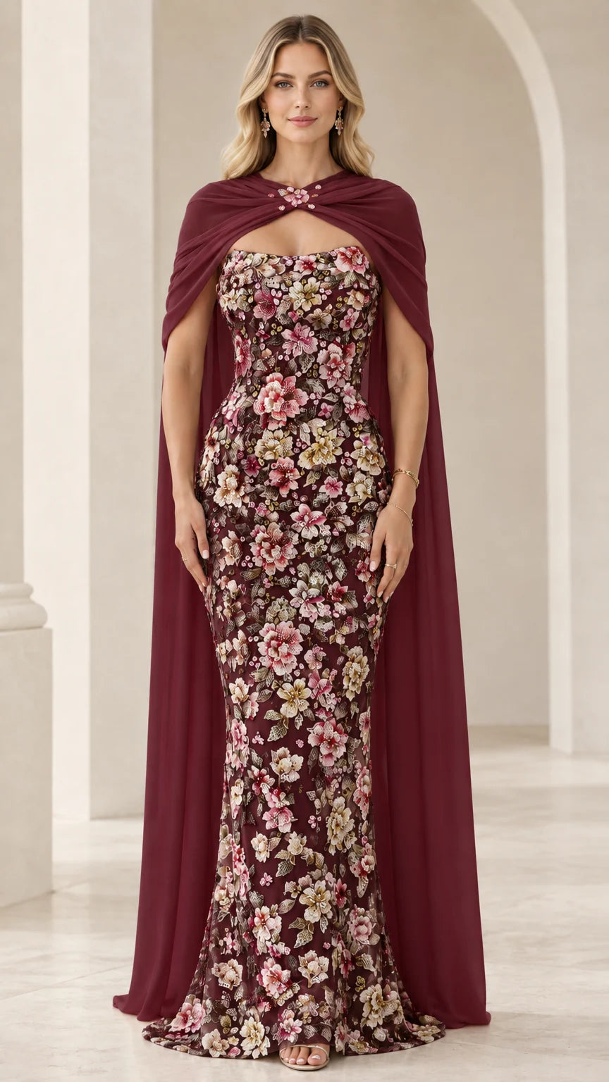 Burgundy floral embroidered evening gown with sheer wine capelet