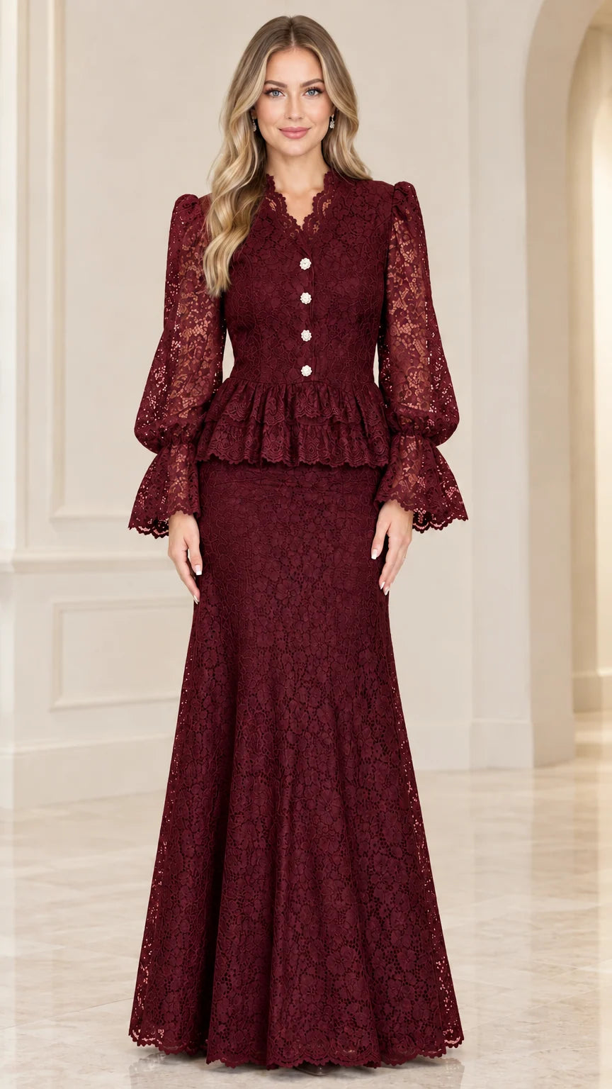 Front view of rich burgundy wine lace formal evening gown