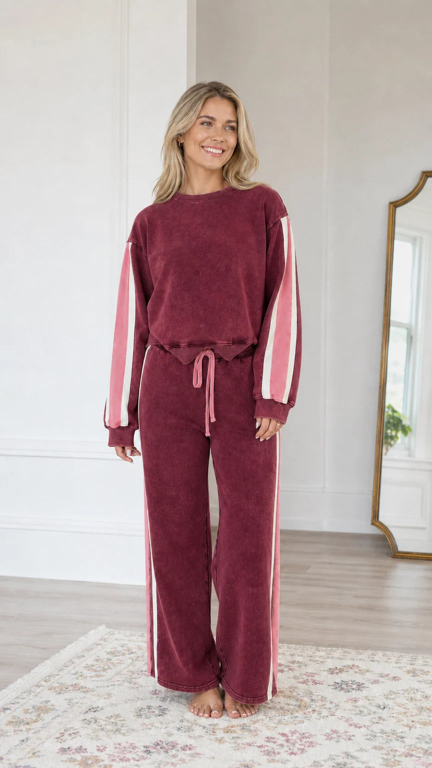 Front view of model wearing the Burgundy wine-red two-piece lounge tracksuit set