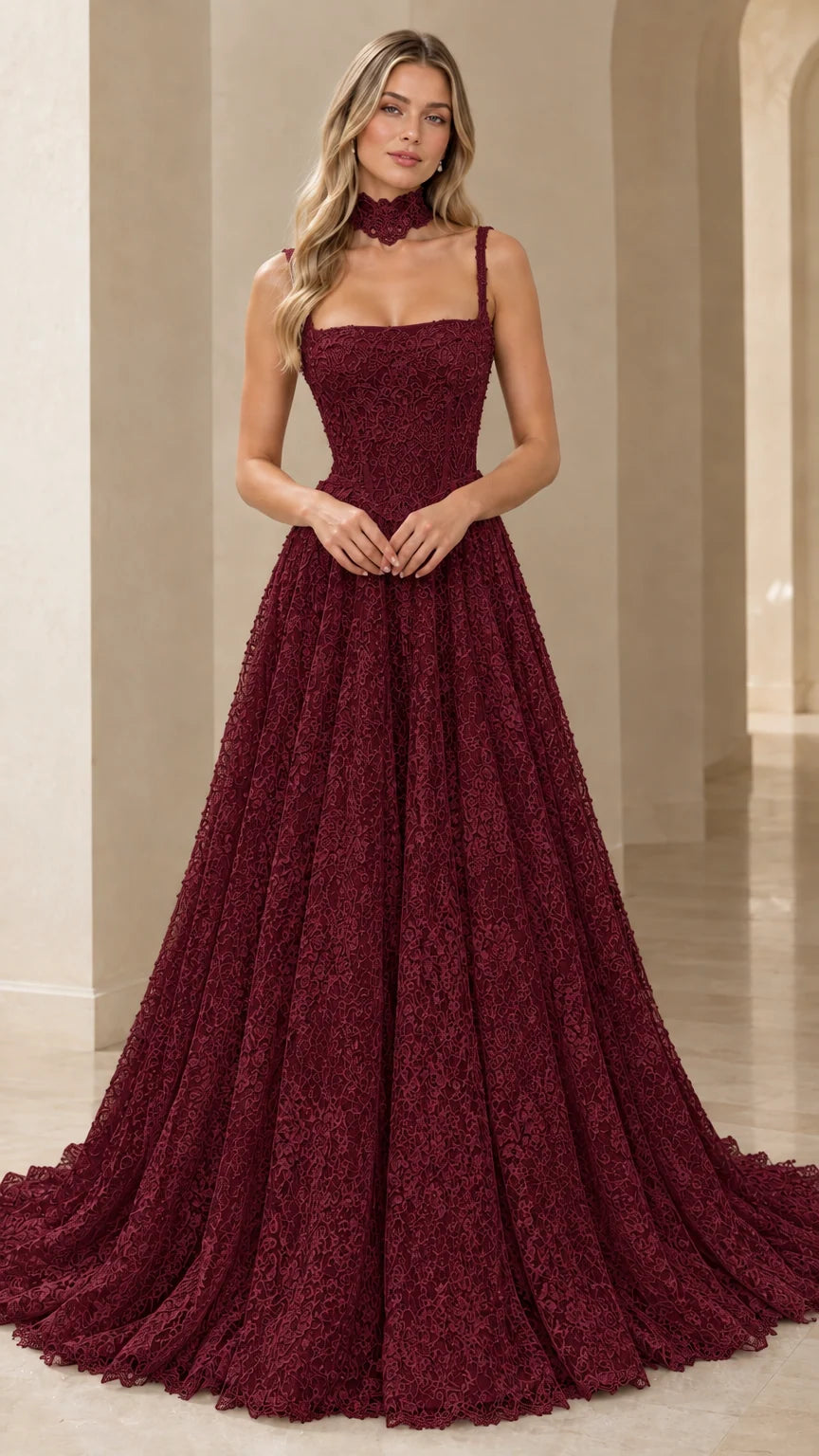 Front view of burgundy wine lace formal gown with matching choker