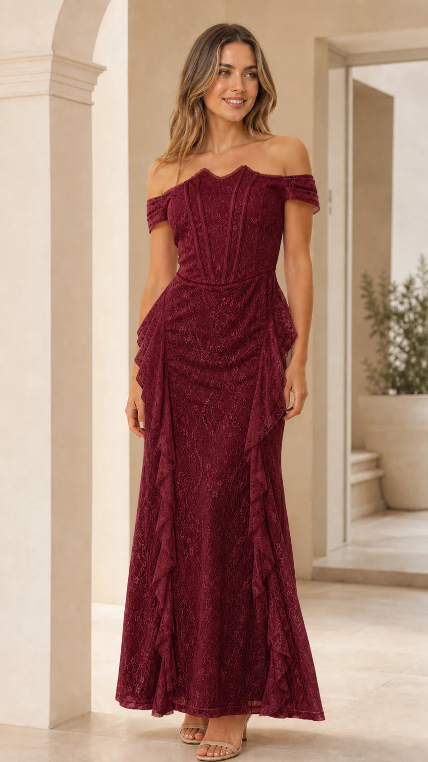 Burgundy color variant of off-shoulder lace maxi dress