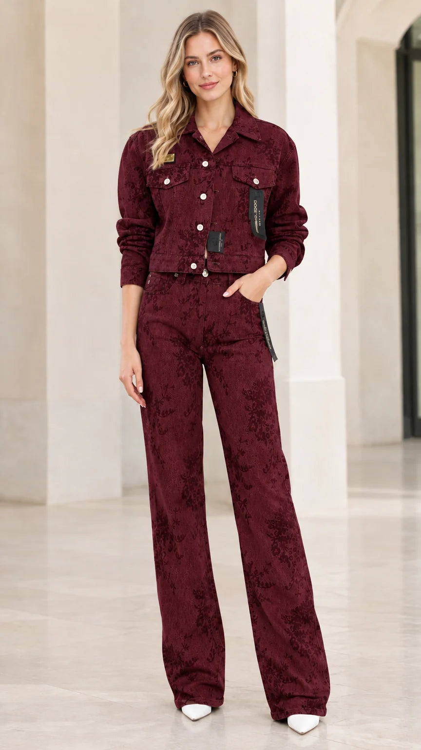 Model wearing burgundy wine red floral pattern denim jacket and trousers set