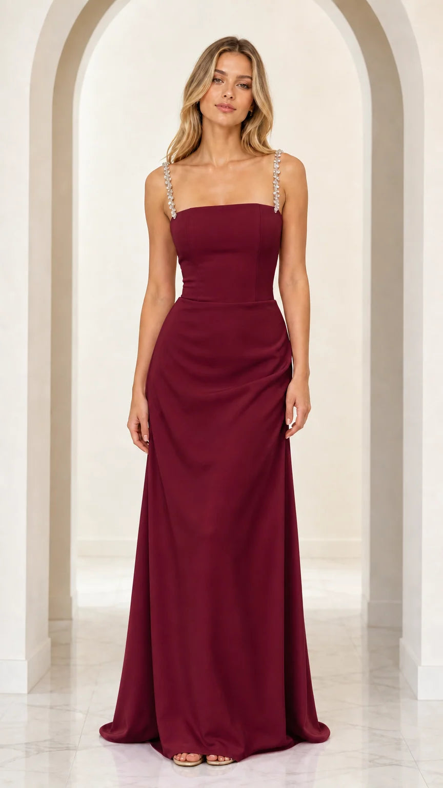 Burgundy wine red column evening dress with crystal straps