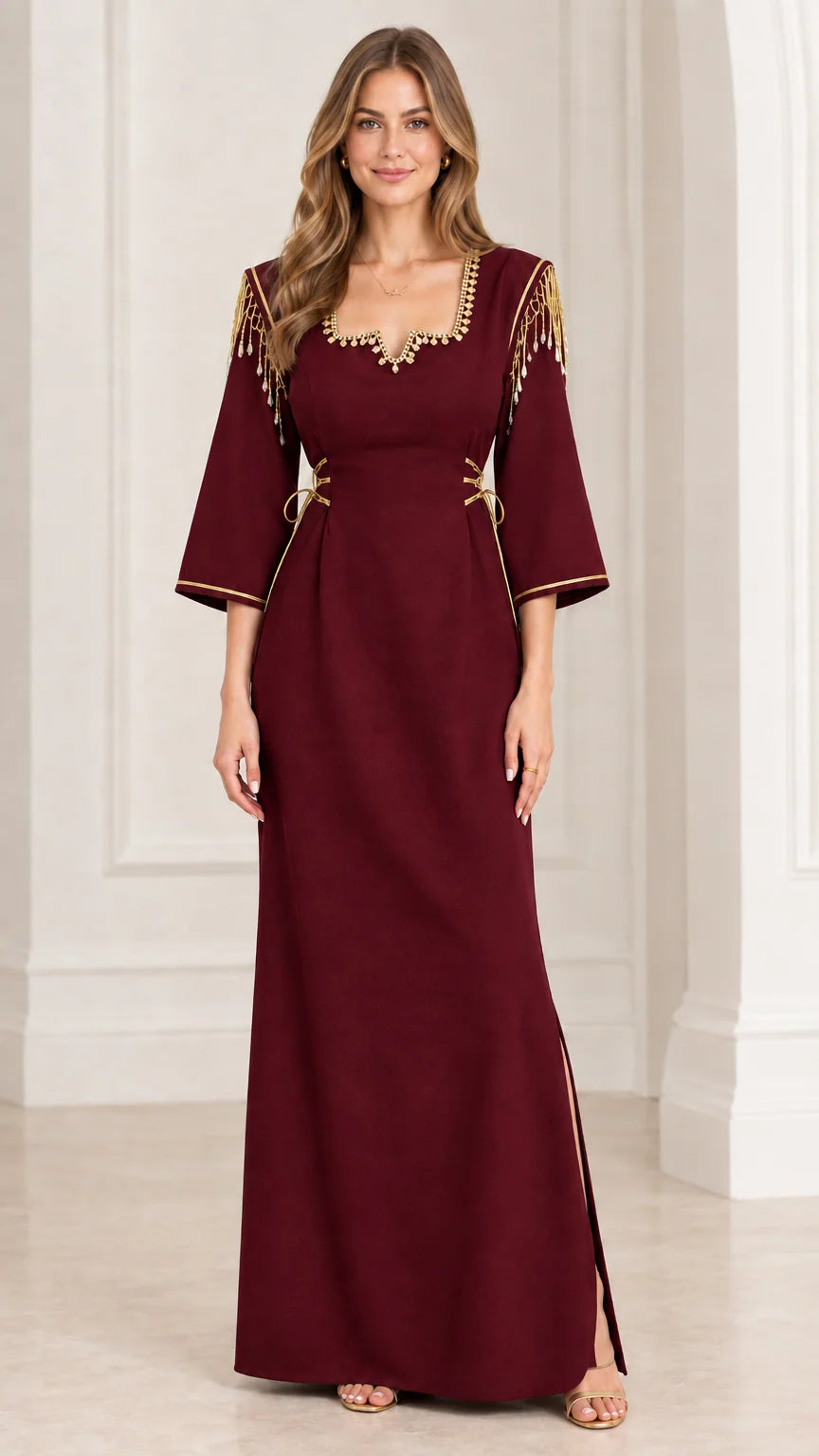 Full-length view of burgundy maxi dress with gold epaulette fringe and neckline trim