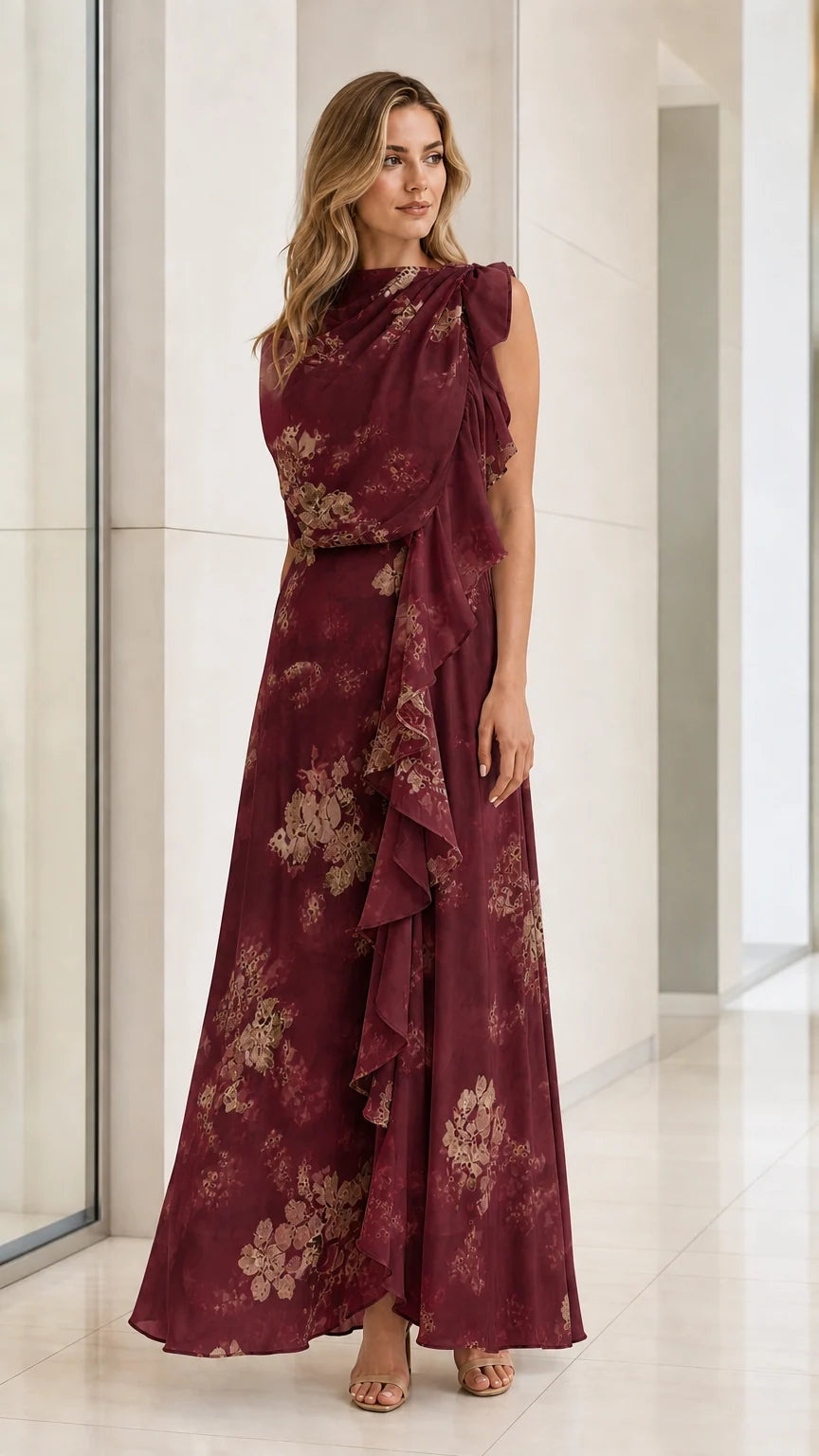 Front view of model in Burgundy floral ruffled maxi dress