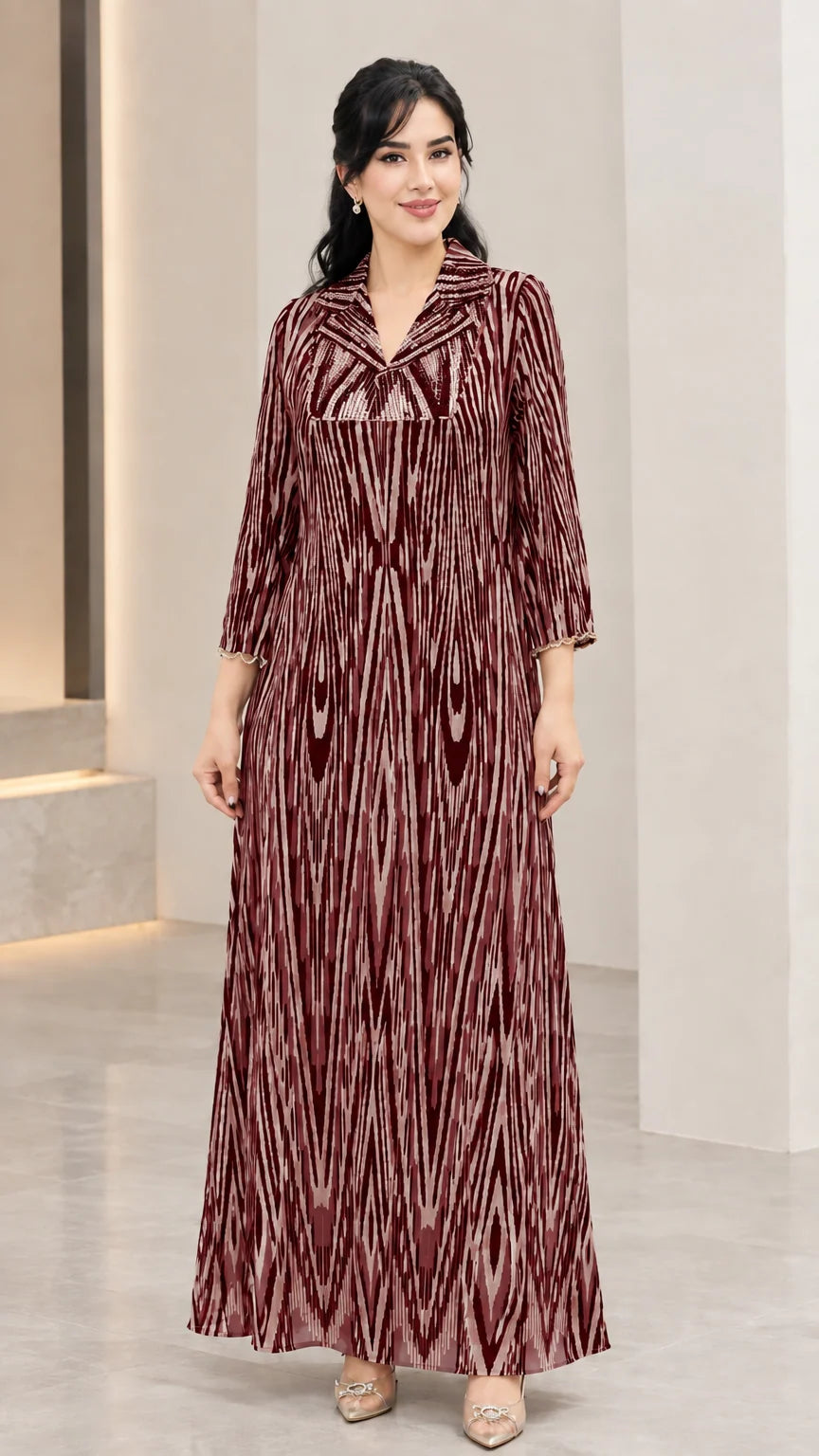 Burgundy wine red printed long sleeve maxi dress with sequin details