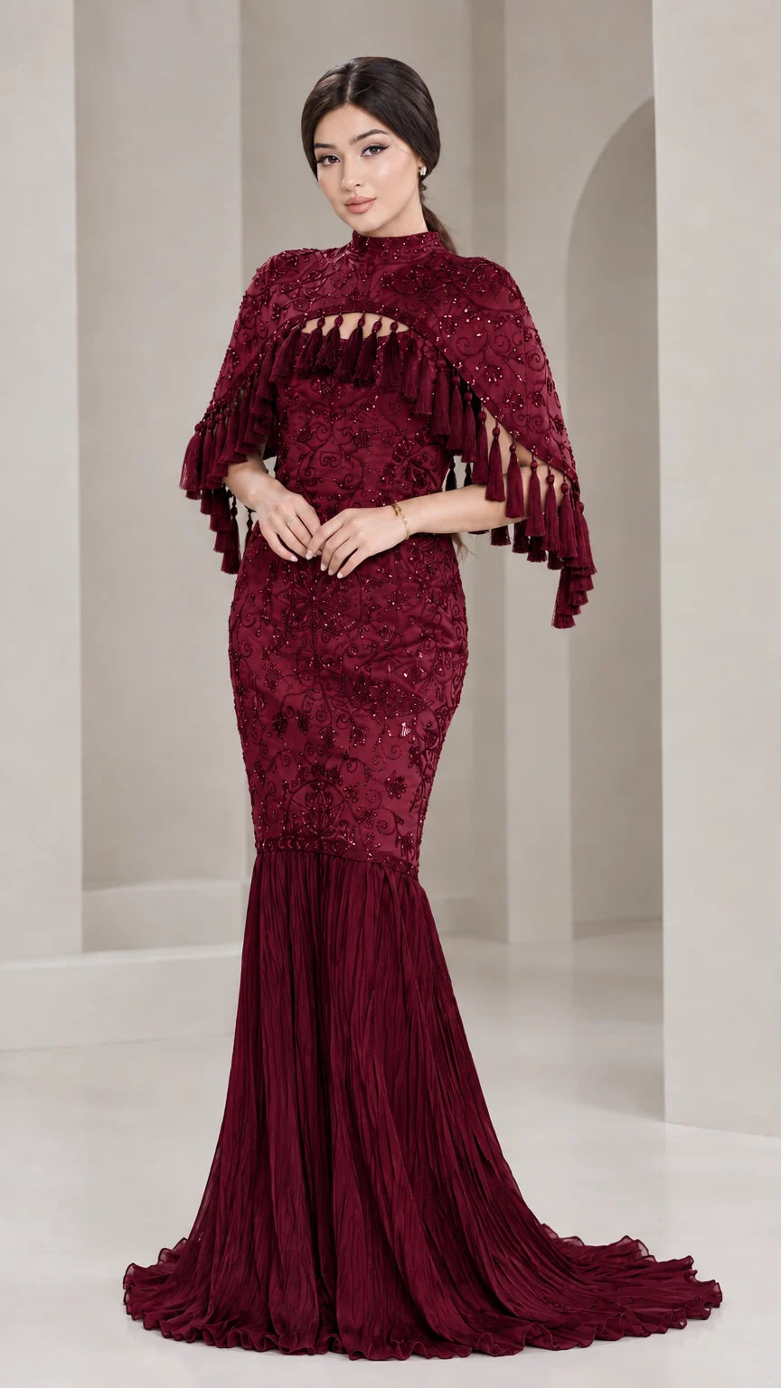 Front view of model wearing Burgundy wine red embroidered cape mermaid dress