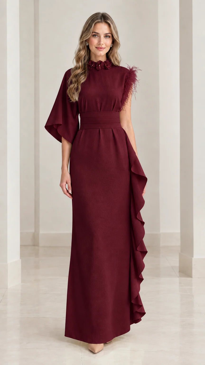Burgundy wine red asymmetrical formal gown with cascading ruffle detail