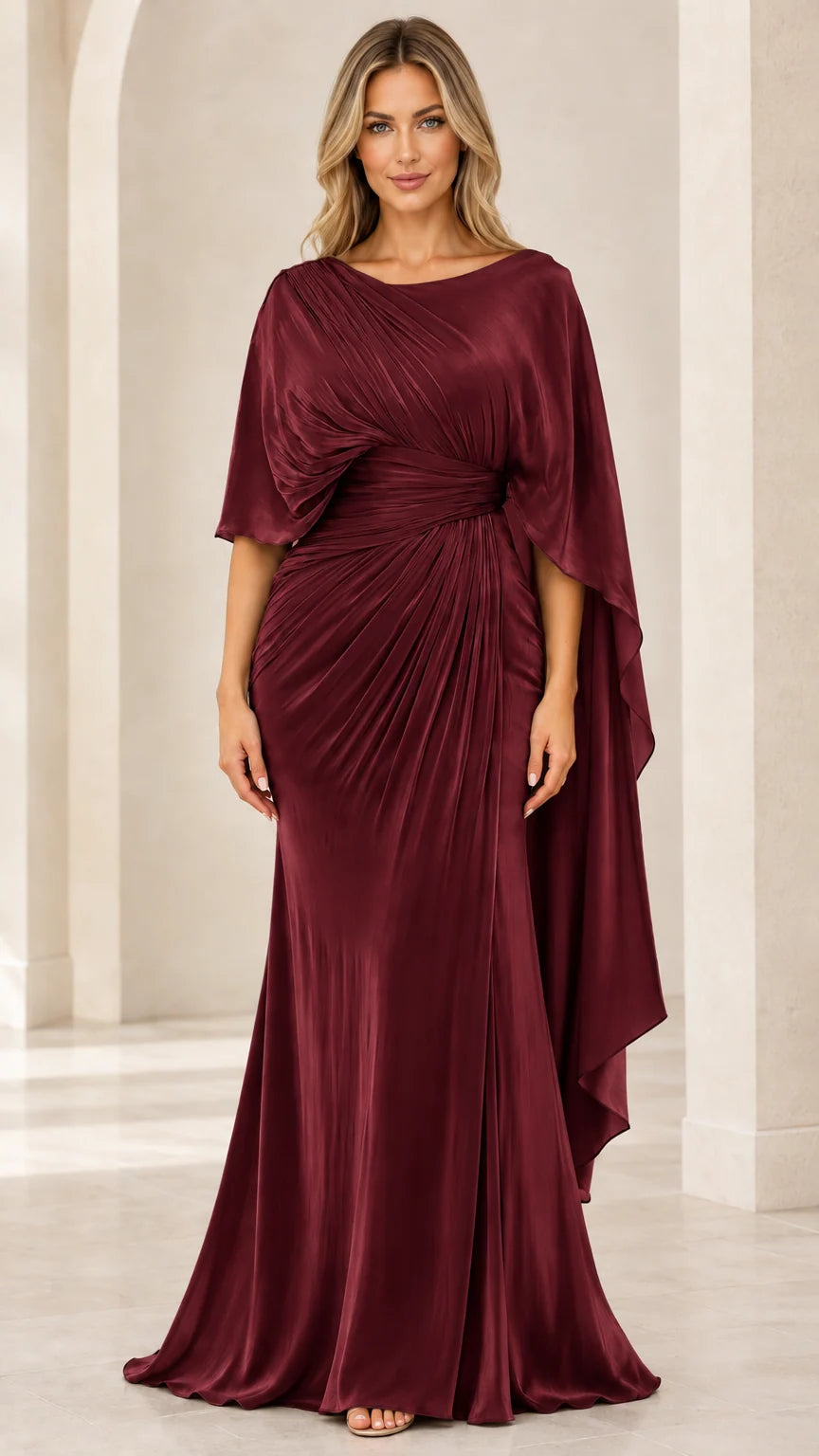 Burgundy wine pleated cape sleeve formal gown
