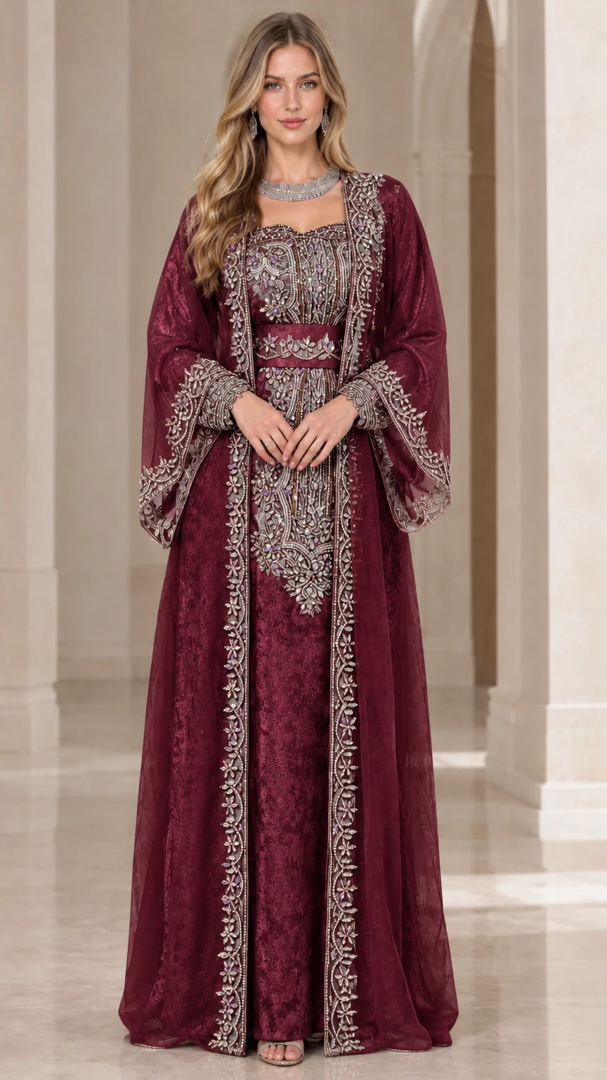 Full front view of burgundy wine red embroidered kaftan maxi dress