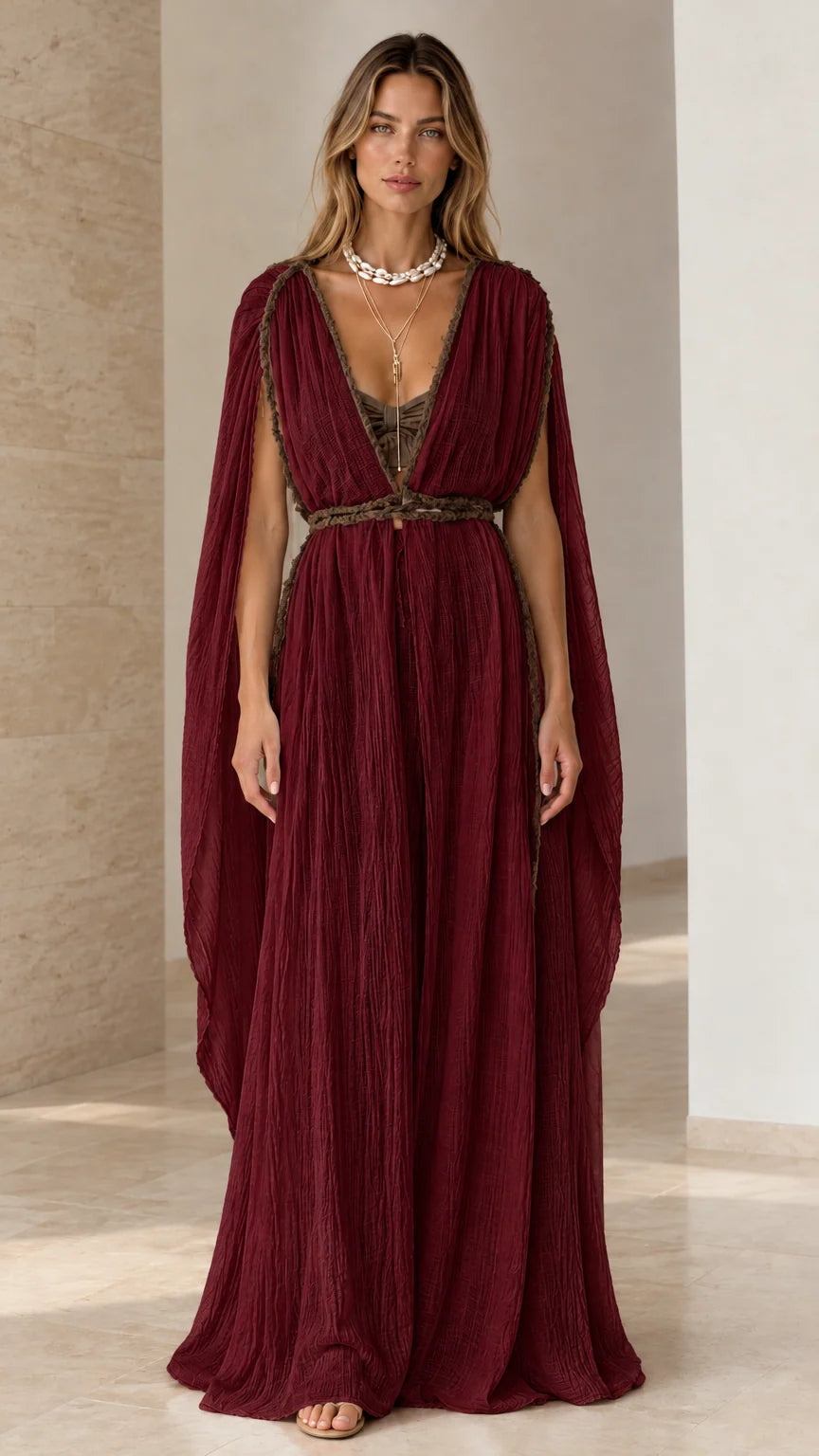 Burgundy draped cape sleeve maxi dress with contrast braided edging