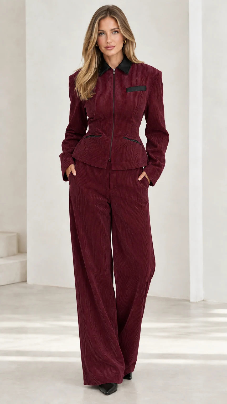 Front full view of burgundy wine corduroy two-piece suit set