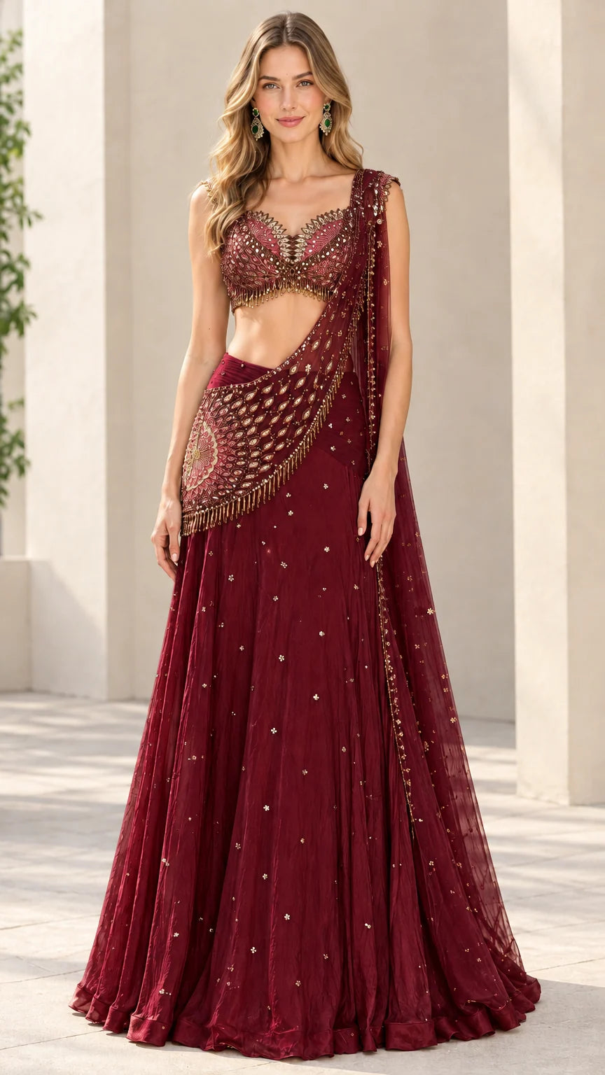 Model wearing wine red embellished lehenga choli set with dupatta