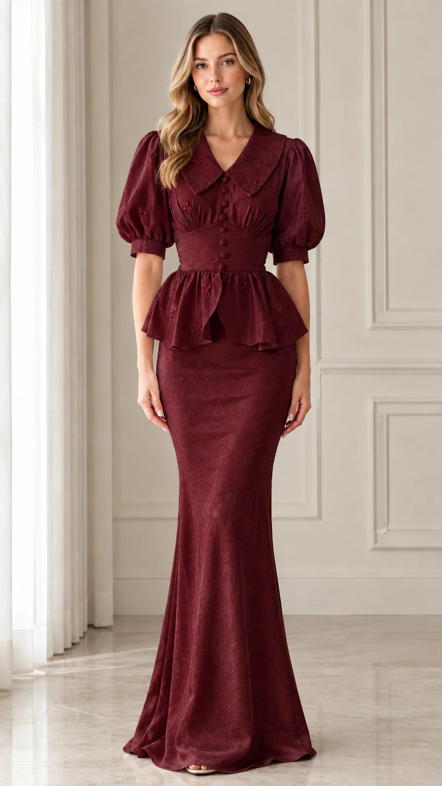 Front view of burgundy wine red peplum maxi evening gown