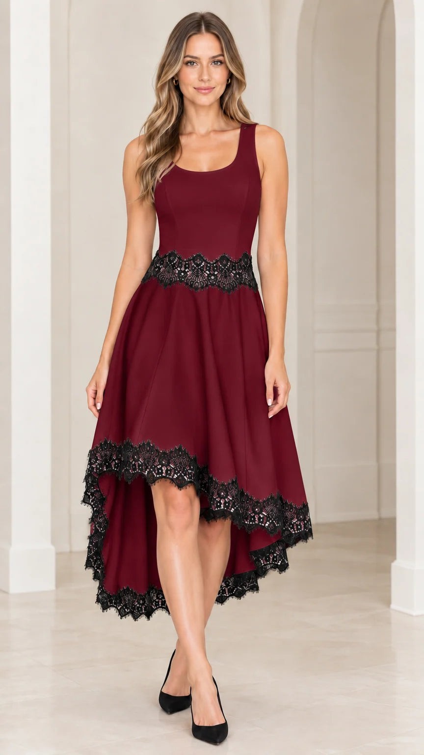 Front view of burgundy red sleeveless high-low cocktail dress with black lace trim