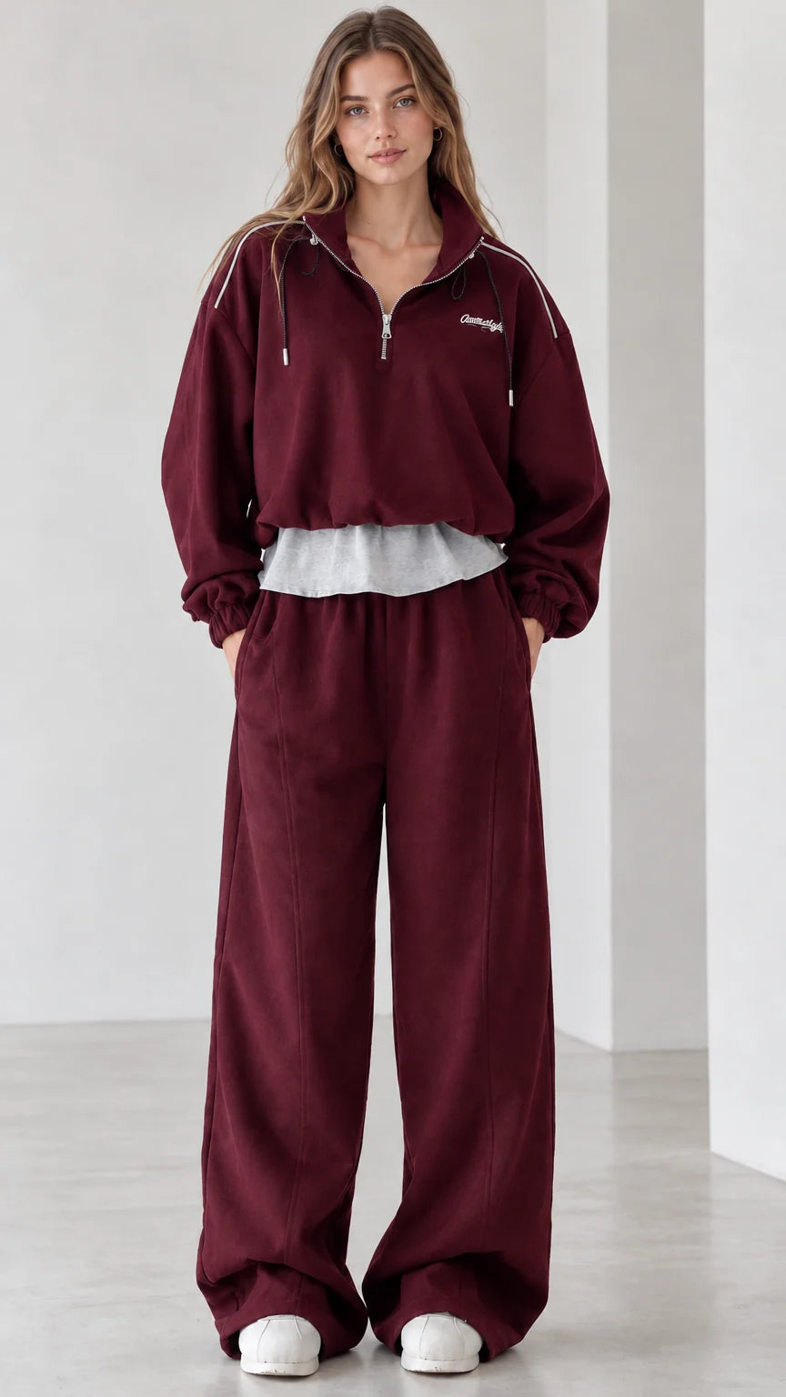 Women's burgundy wine red half-zip pullover and wide-leg track set