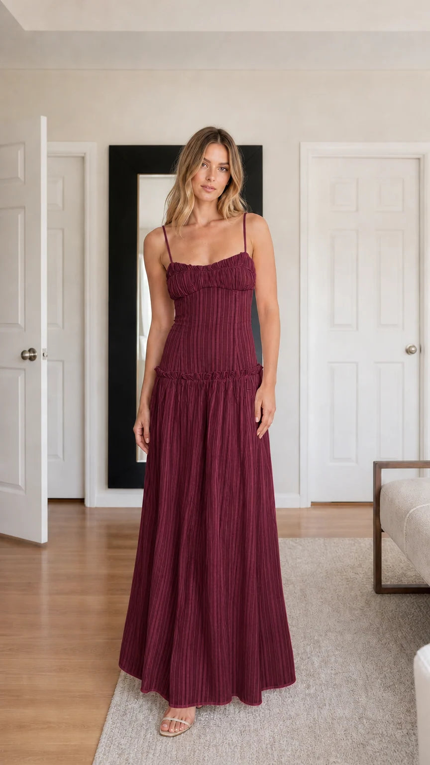 Front view of model wearing Burgundy pleated cami maxi dress
