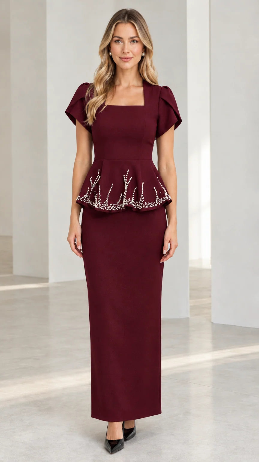 Burgundy wine square neck beaded peplum maxi formal dress