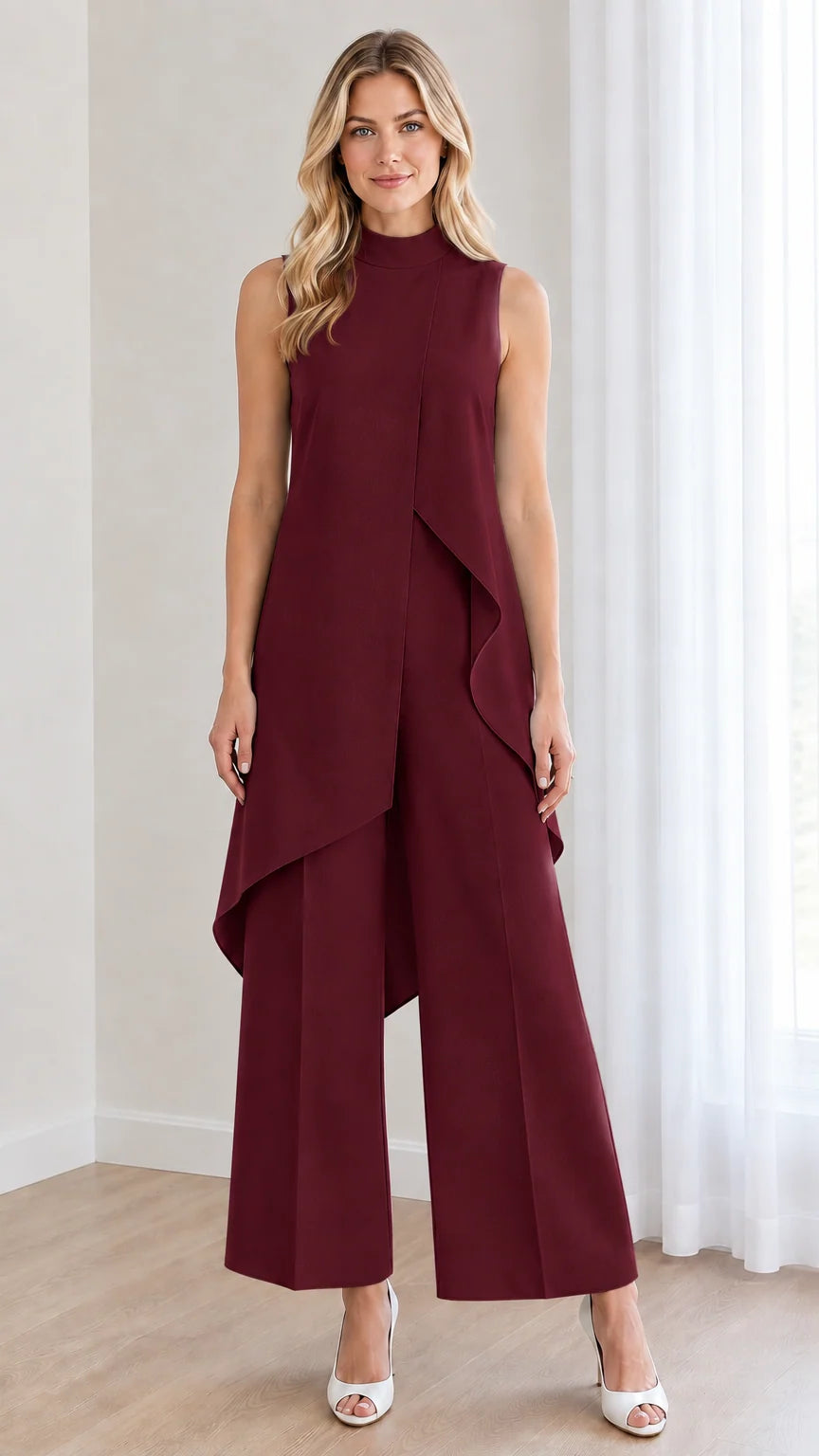 Front view of burgundy red sleeveless wide leg jumpsuit