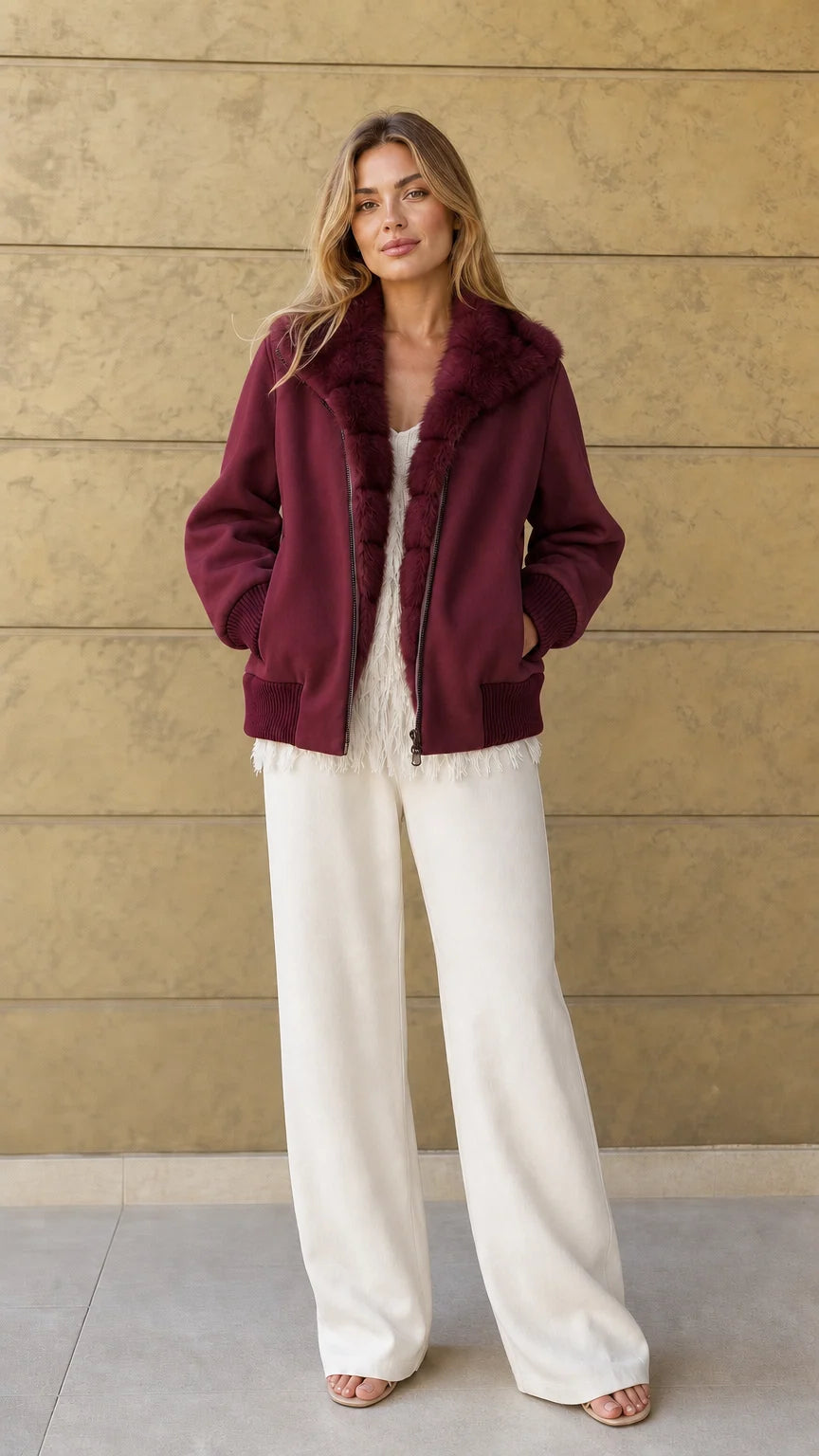 Front view of burgundy red faux-fur collar bomber jacket on model