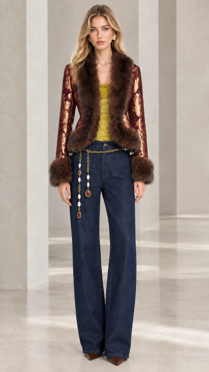 Model wearing burgundy red floral jacquard jacket with faux fur trim