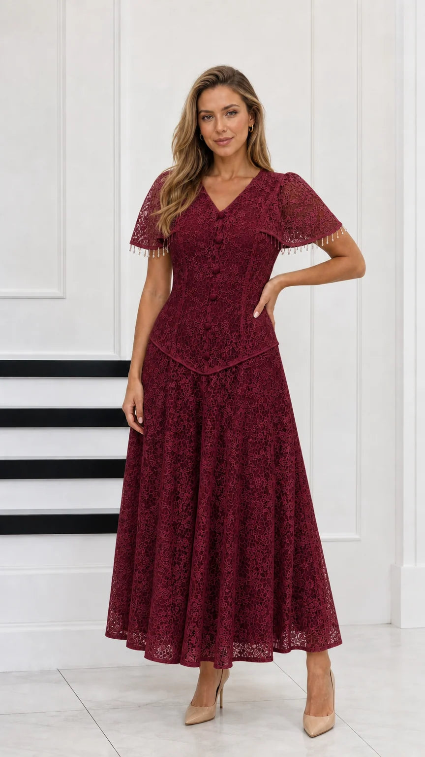 Full-length view of burgundy red floral lace maxi dress for formal events