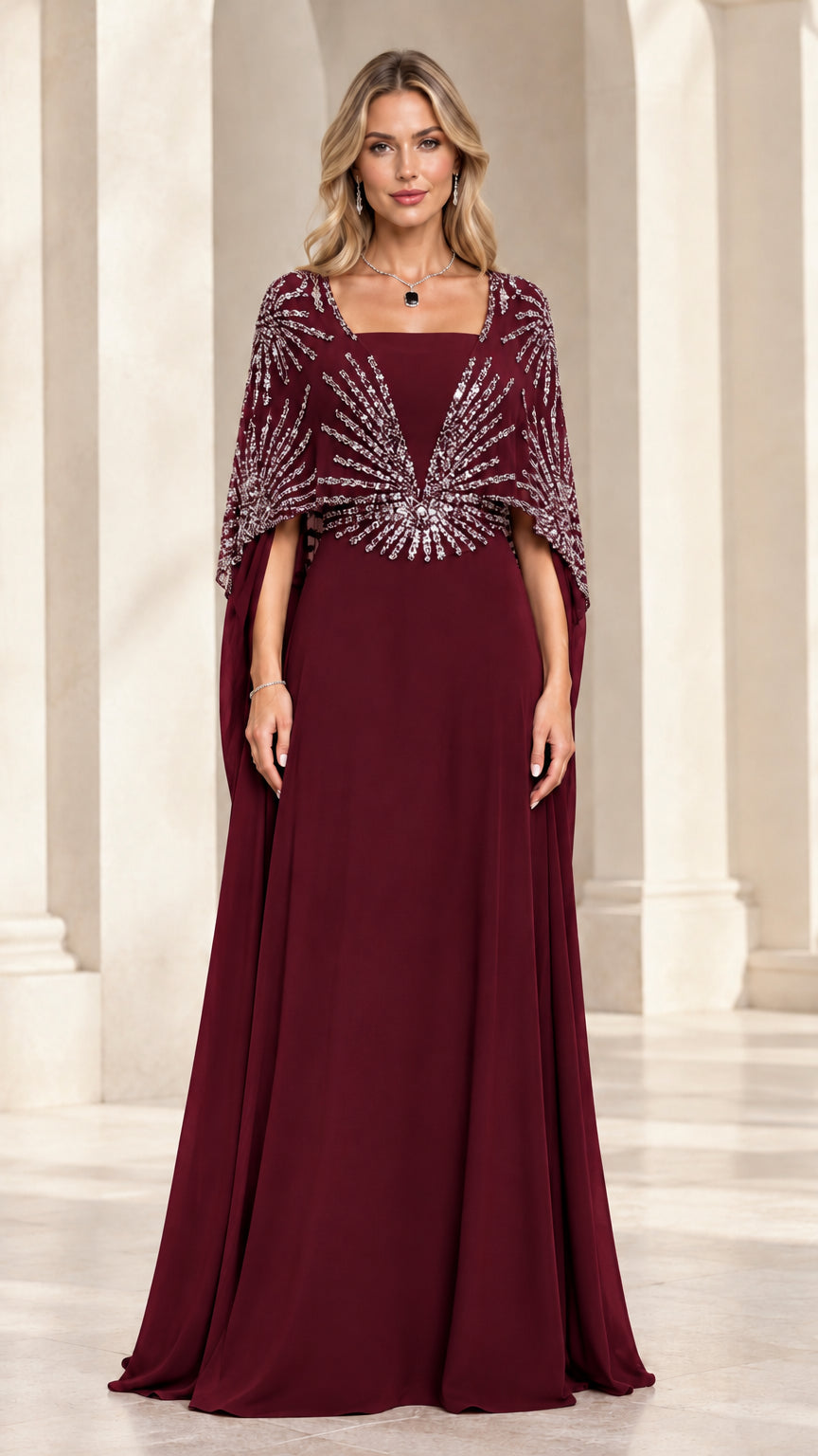 Burgundy red formal evening dress with embellished capelet
