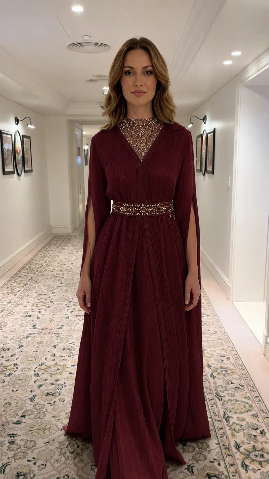 Burgundy wine red pleated cape evening gown with beaded illusion neckline