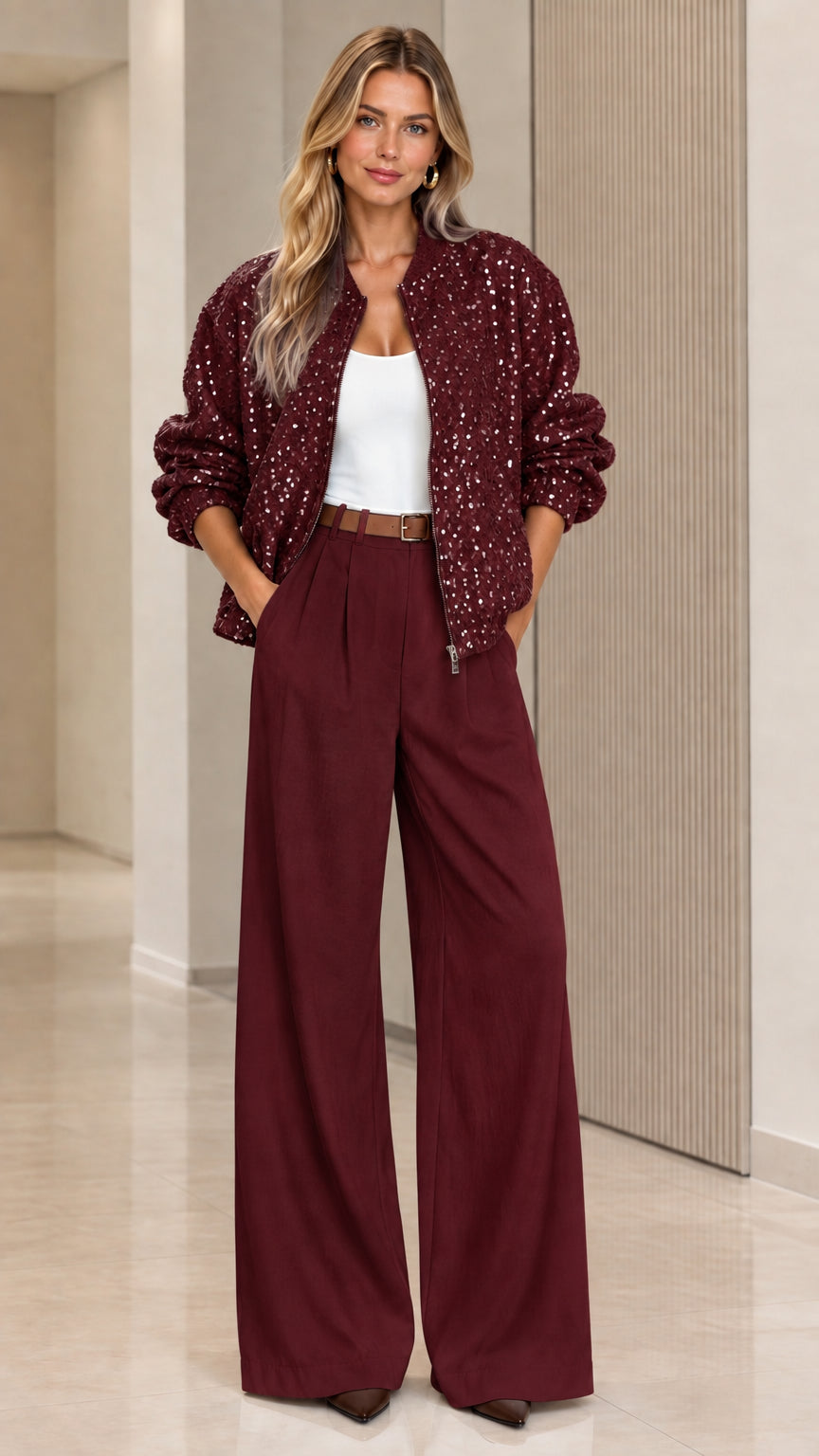 Full-length view of woman wearing burgundy sequin bomber jacket with matching burgundy trousers