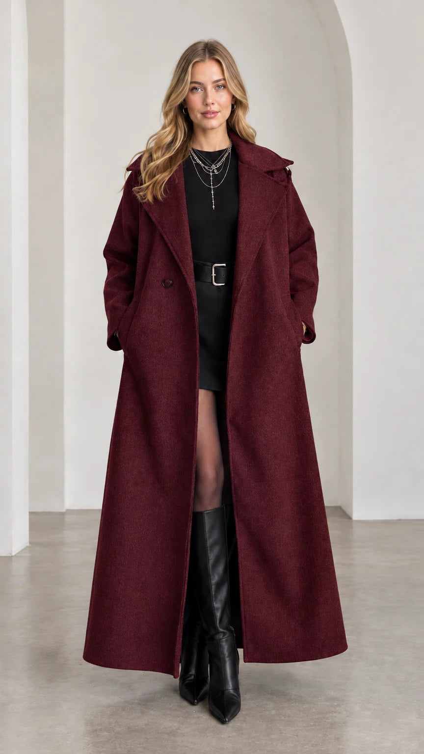 Model wearing rich Burgundy full-length belted overcoat with wide lapels