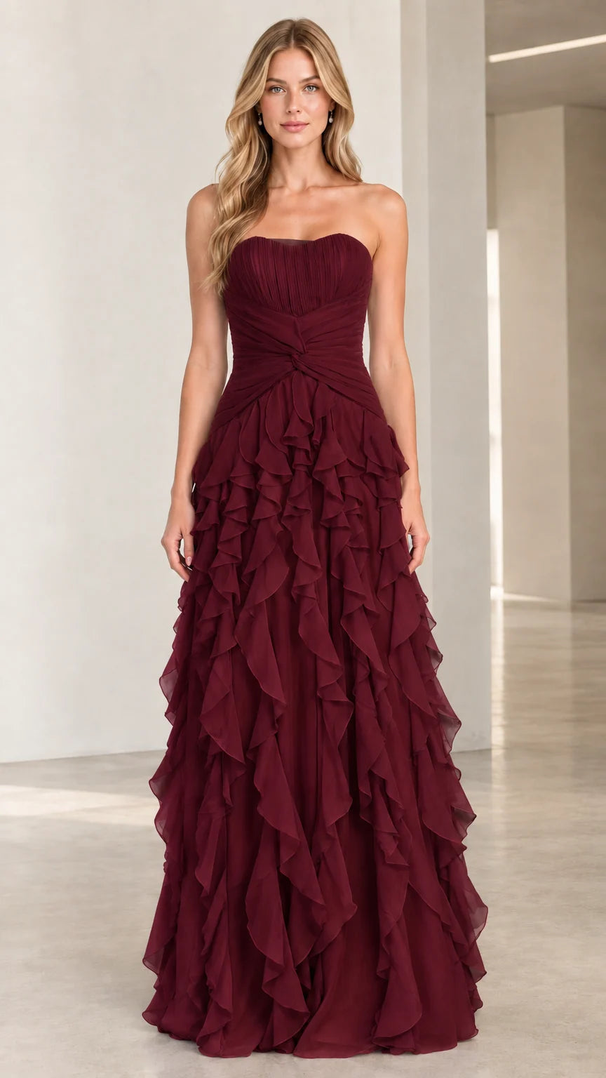 Full-length front view of burgundy red strapless tiered ruffle evening gown