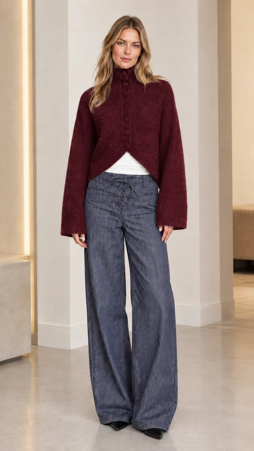 Women's burgundy high neck buttoned knit cardigan with flared split hem