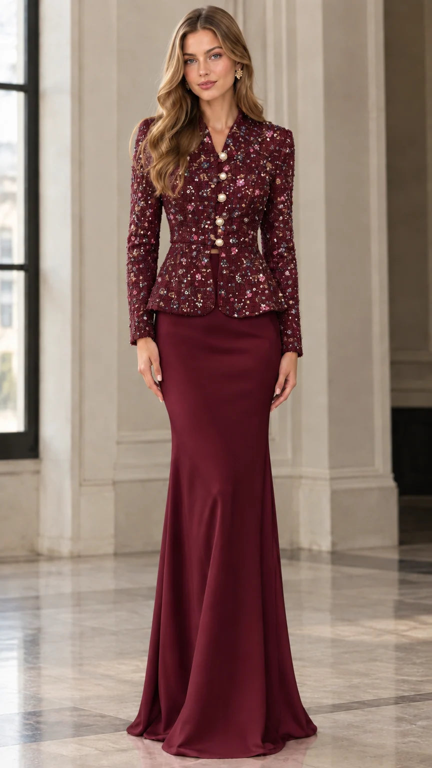 Full-length front view of burgundy wine red embellished tweed peplum jacket and skirt set