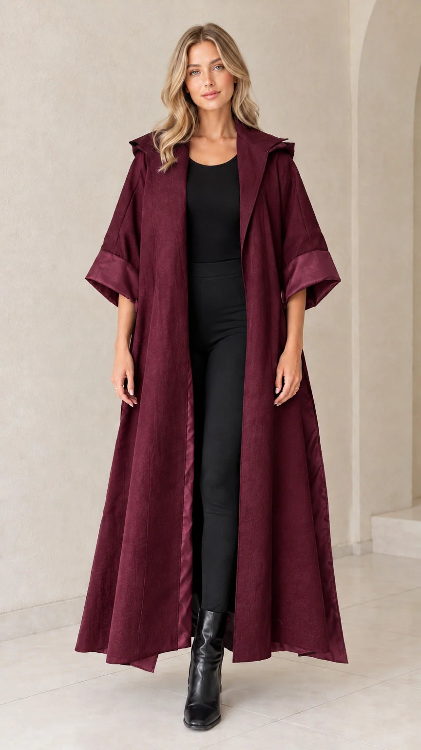 Front view of burgundy hooded maxi duster coat