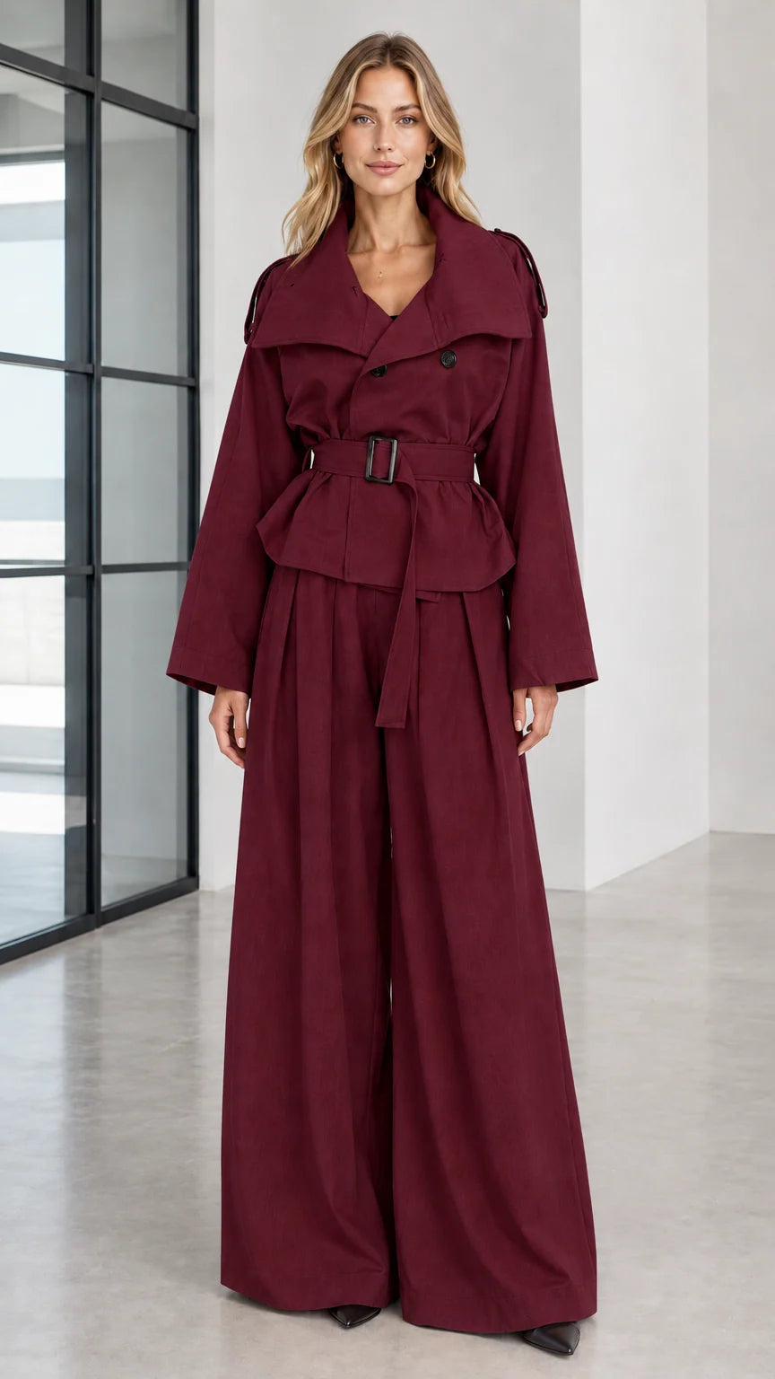 Front full view of woman wearing deep burgundy belted trench suit two-piece set