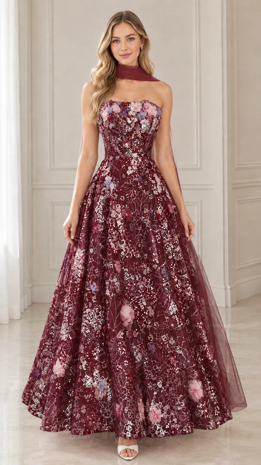 Model wearing burgundy wine floral sequined strapless evening gown