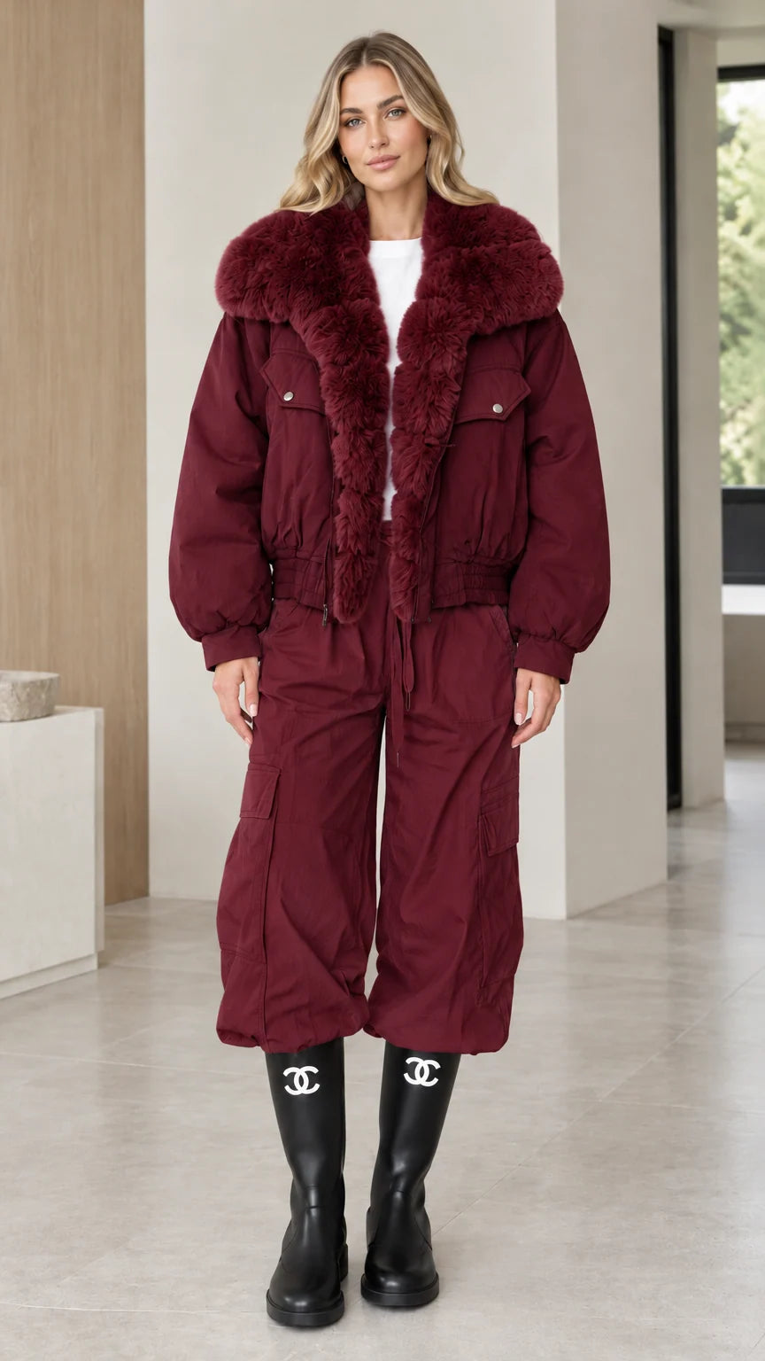 Model wearing burgundy red faux fur collar bomber jacket and boots