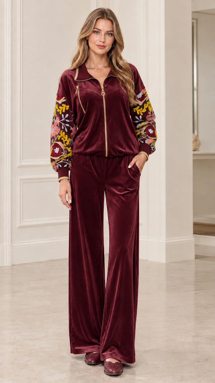 Burgundy wine red embroidered velvet tracksuit set full front view