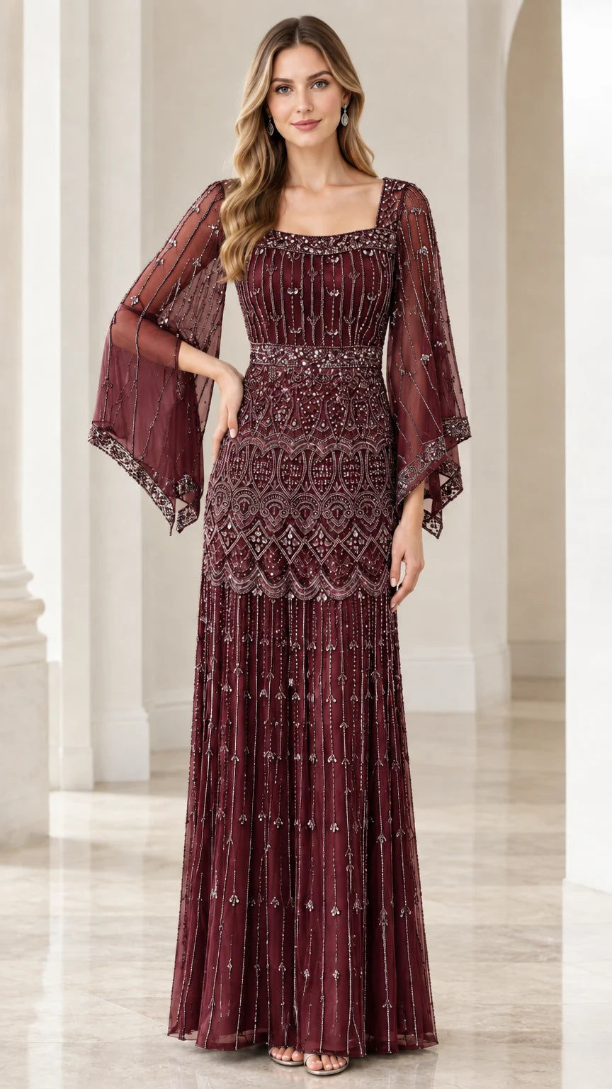 Burgundy wine beaded floor-length formal gown