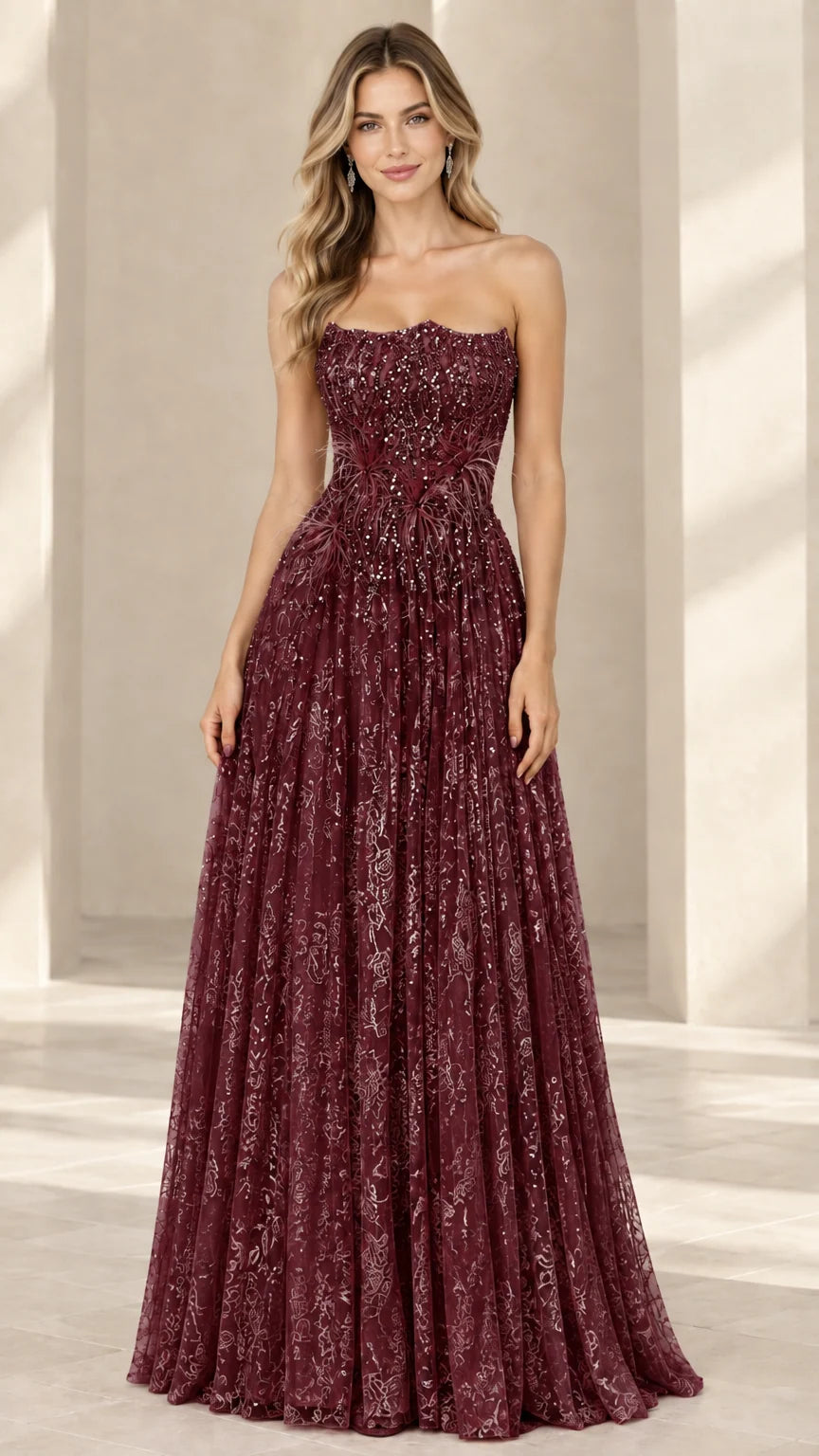 Burgundy wine strapless sequin evening gown with feather details