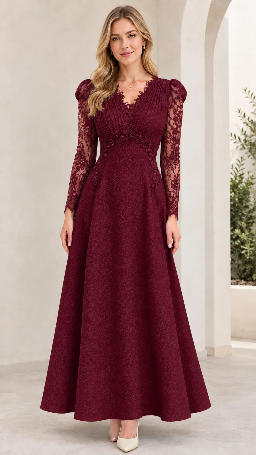 Burgundy wine lace long sleeve V-neck formal gown